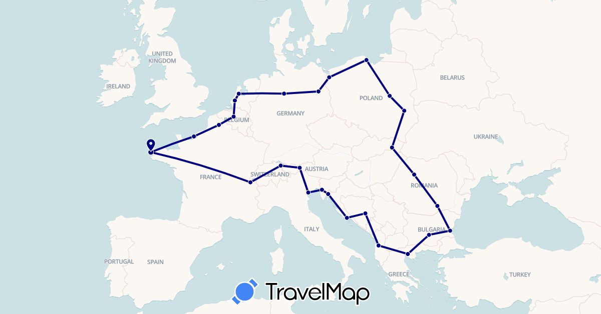 TravelMap itinerary: driving in Albania, Austria, Bosnia and Herzegovina, Belgium, Bulgaria, Switzerland, Germany, France, Greece, Croatia, Italy, Netherlands, Poland, Romania, Slovakia (Europe)